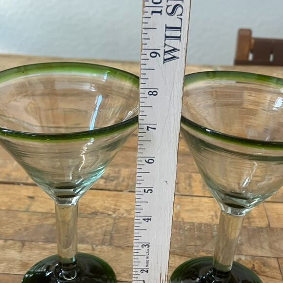 Mexican Hand Blown Martini Glasses Green Rim 7.25" Tall Set of 3 - Picture 7 of 11